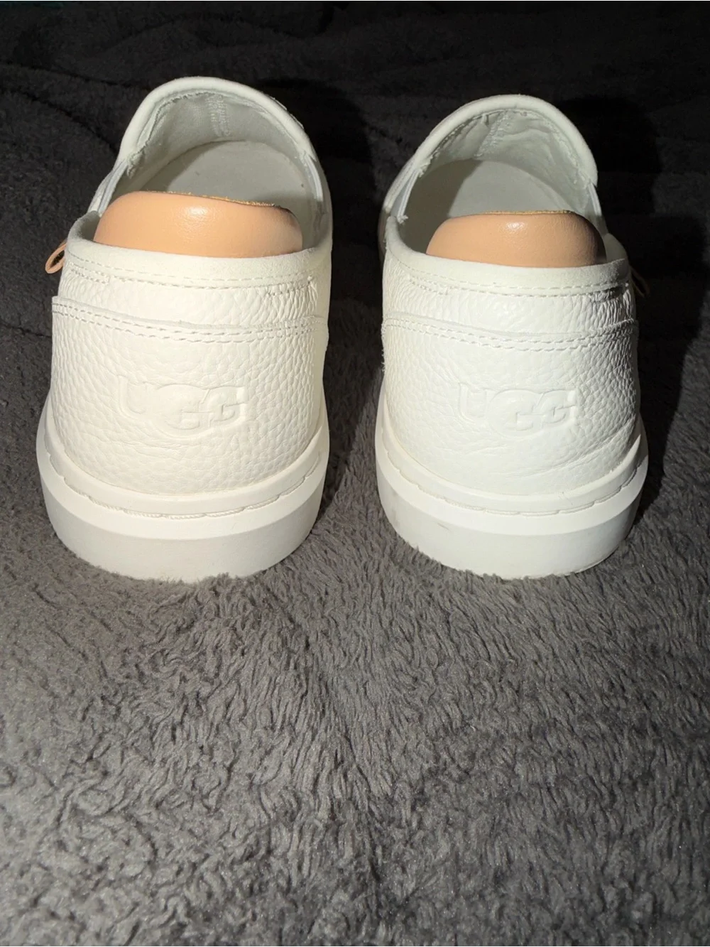 UGG Women's White Slip-On Leather Loafers with Tan Heel Tab